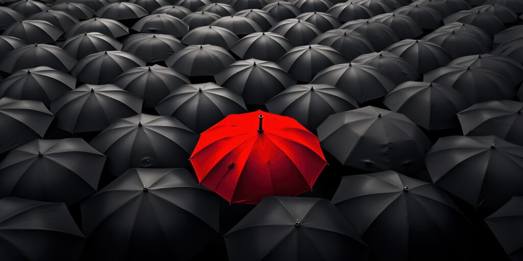 AsiaLink’s tailored sourcing solutions, symbolized by a red umbrella among grey umbrellas for standout service.